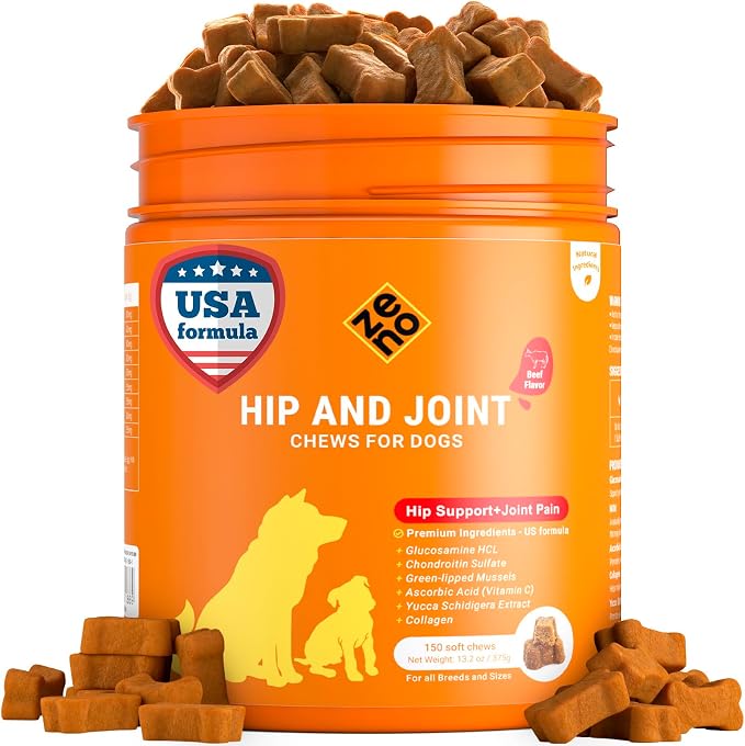 ZENO Glucosamine HCL & Hip and Joint Chews for Dogs - 150 pcs - Advanced Hip and Joint Support for Dogs - with MSM & Green Lipped Mussel - Beef