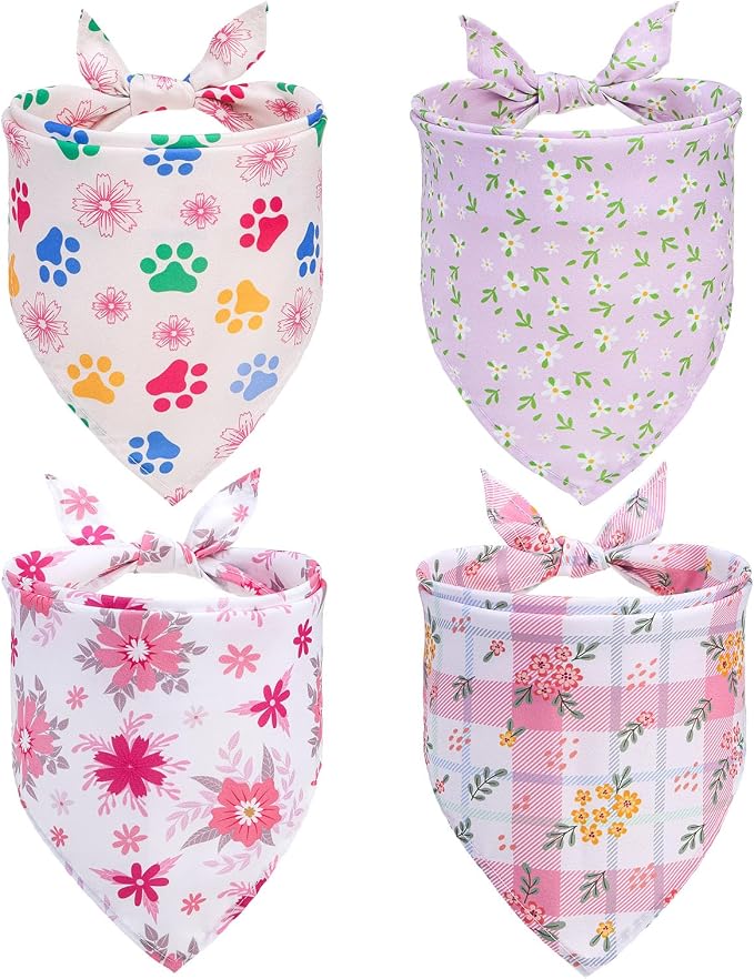 SCENEREAL Dog Bandana Girl, 4 Pack Daisy Floral Dog Bandanas, Pet Triangle Scarf Bibs Spring Essentials Accessories, Pink Summer Dog Costume Neckerchief Gifts for Small Medium Large Dogs