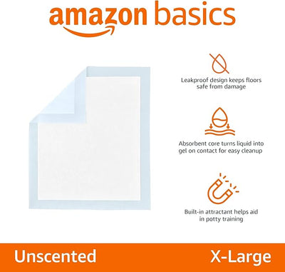 Amazon Basics Leak-Proof Dog and Puppy Potty Training Pee Pads with Quick-Dry 5-Layer Design, X-Large Size 28 x 34 Inch, Blue & White, 40-Pack