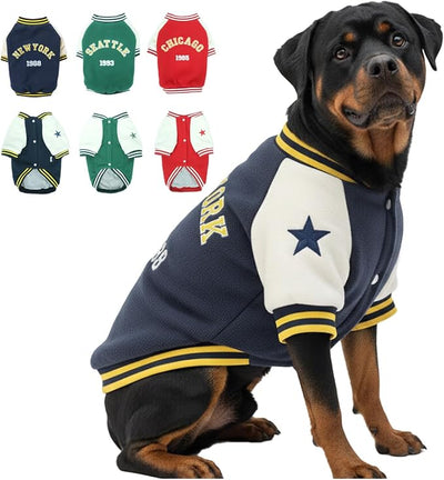 4XL Dog Winter Varsity Jacket, Fleece-Lined Giant Doggy Coat with Snap Closure, Warm Sport Outerwear for Dogs, Cold Weather Pet Sweatshirt for Rottweiler, Puppy Snow Vest Apparel, Navy XXXXL