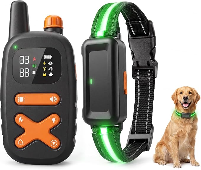 Dog Shock Collar - 3300ft Dog Training Collor with Remote, IP68 Waterproof Rechargeable Collar with Light Strap, 3 Training Modes, Safe Lock, E Collar for 15-120lbs Medium Large Dogs, Neck 14"-25"