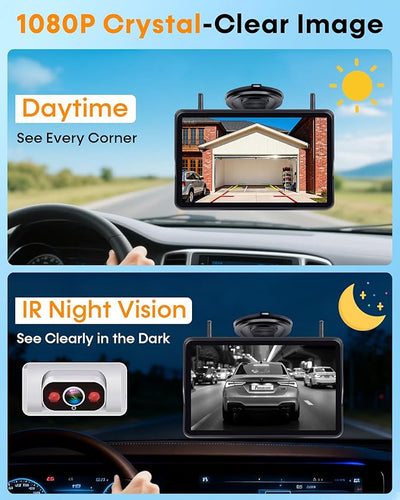 Pemacom Wireless Backup Camera for Towable-RV: 1-Second Magnetic No Wiring Long Distance Signal for Thor/Forest River Series RVs - 7.3" Recording Monitor HD 1080P Auto Sleep Solar RV Backup Camera