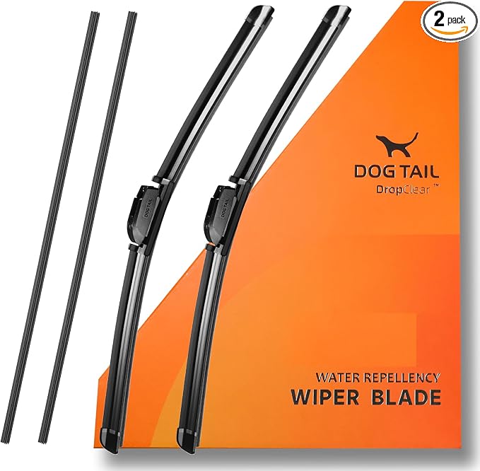 DOG TAIL Silicone Wiper Blades with 2 Refills - 28" & 20" - Set of 2 | Water Repellent, 2 Refills, 7 Multiple Adapters for Quick Setup with Wide Vehicle Compatibility, Streak-Free, Quiet, Durable