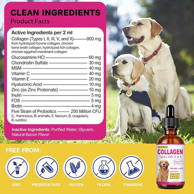 Premium Liquid Collagen for Dogs & Cats - 5 Types of Grass-Fed Collagen (I, II, III, V & X) - Supports Skin, Coat, Hips & Joints | Allergy and Itch Relief | Biotin, Vitamin C and Hyaluronic Acid