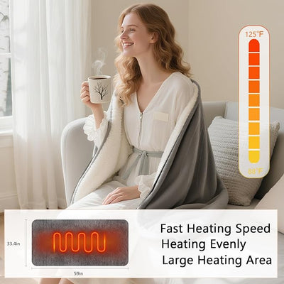 Heated Wearable Shawl 33x59 Inch, 6 Heating Levels & 5 Timer Settings, Soft Sherpa to Fleece, UL Certified with Auto Shut Off, Machine Washable Gift for Christmas Home Office (Gray)