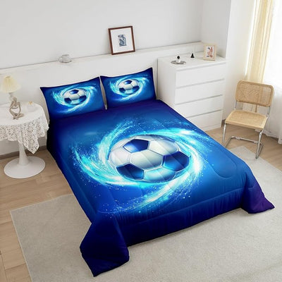 Erosebridal Football Comforter Set, Kids Soccer Pattern Bedding Set Sports Games Theme Duvet Set Queen Size for Boys Teens Youth, Geometric Honeycomb Hexagon Bedding Comforters for Bedroom, Blue