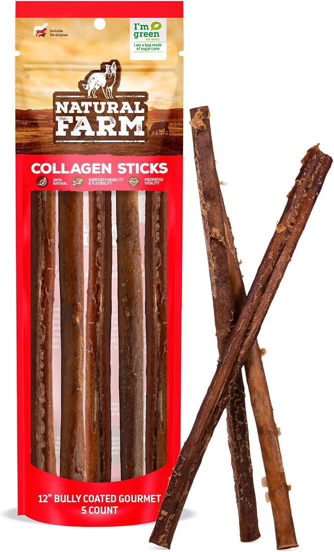 Bully Coated Gourmet Collagen Sticks (12 Inch, 5 Pack), Real Bully Beef Coated, 95% Natural Collagen, Supports Healthy Joints, Skin & Coat - Best for Small & Medium Dogs
