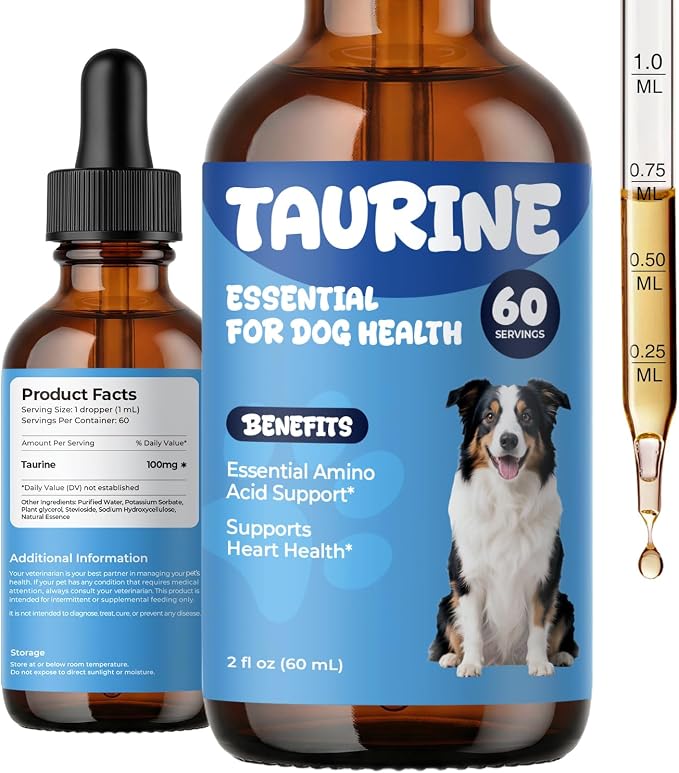 Taurine Supplement for Dogs Drops, Daily Amino Acid Liquid Drops for Heart Function, Muscle Support, Energy Balance & Physical Stability, 60 ml