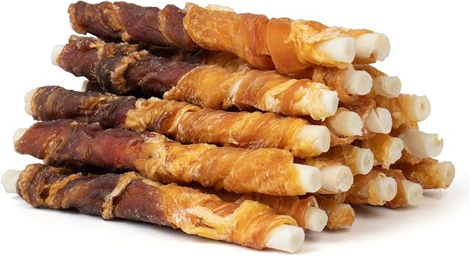 Dog Treats 5 Inch Double Flavor Chicken & Duck Wrapped Rawhide Sticks, Teeth Cleaning for Small Dogs, 10.6 oz (20 Count)