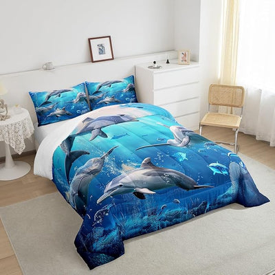 Dolphin Comforter Set King Size 3D Marine Animals Duvet Insert for Kid Teen Boys Girls Blue Ocean Down Comforter for Adult Bedroom Decor 3-Pieces Bedding Comforters with 2 Pillow Cases,Soft