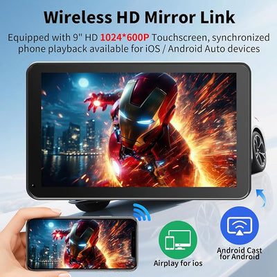 CarPlay Screen for Car, 9'' Wireless CarPlay & Android Auto - Smart Portable Touchscreen with Bluetooth/FM, Mirror Link, Voice Control, GPS Navigation, Plug & Play Car Play Screen, Gold