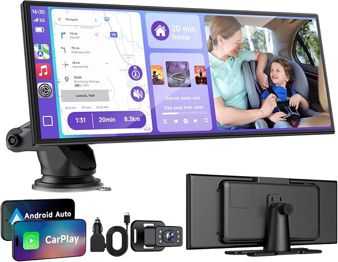 Car Play Screen for Apple CarPlay & Android Auto with Night Vision Baby Monitor Camera, 10.25" IPS HD Screen with OTA Update, Mirror Link, Bluetooth 5.2, Voice Control, Music Play, GPS Navigation, FM