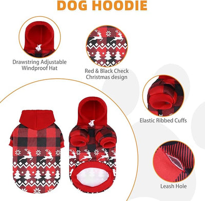 KOOLTAIL Christmas Dog Hoodie, Red Plaid Pet Sweater, Hat Hooded Sweatshirt Dog Clothes for Small Medium Large Dogs, Soft Warm Winter Cold Weather Coat with Leash Hole&Pocket, Reindeer Snowflake, M
