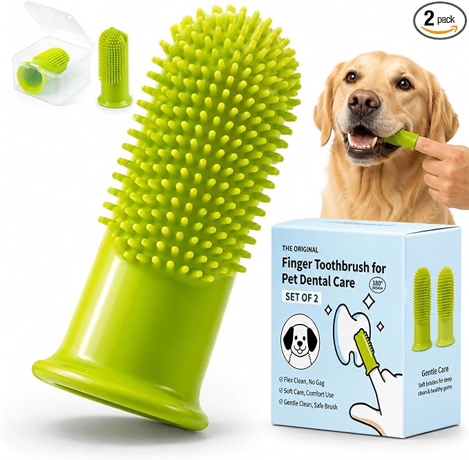 Dog Finger Toothbrush 2 Pack, Small & Large Sizes for Better Finger Fit, Soft Food Grade Silicone Dog & Cat Toothbrush, 180° Bristles for Plaque & Tartar Removal, Pet Teeth Cleaning & Bad Breath Care