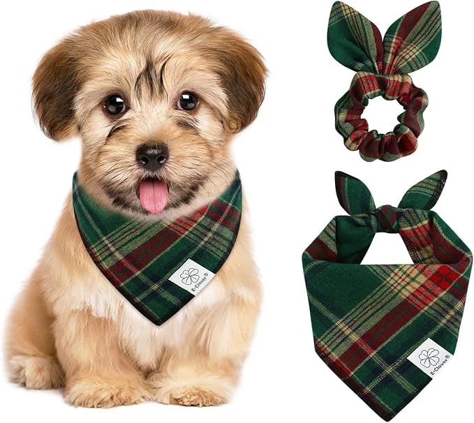 Christmas Dog Bandana & Matching Scrunchie Green Red Plaid Pet Dog Scarf Cute Dogs Costumes Accessories for Small Medium Large Dogs
