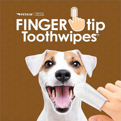 Petkin Fingertip Tooth Wipes for Dogs and Cats, 50 Finger Wipes - Slip-On, Snug Fit, Micro-Bristle Fabric - Cleans Teeth, Gums, Plaque & Tartar - Convenient, Ideal for Home and Travel - Peanut Butter
