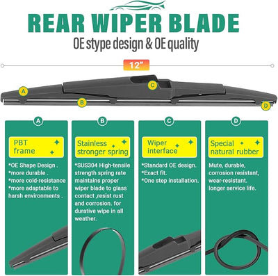 26" 16" 12" Windshield Wiper Blades Replacement for Hyundai Kona 2024 2025 Premium All Weather Front Rear Wipers Set - OEM Quality (Pack of 3)