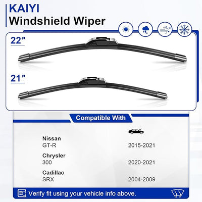 KAIYI 22" + 21" Windshield Wipers Compatible with Nissan GT-R 2015-2021,Chrysler 300 2020-2021,Cadillac SRX 2004-2009 Premium Automotive Replacement Windshield Wiper Blades 2 Pack
