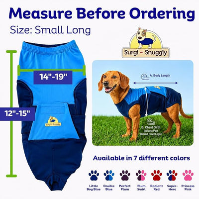 Surgi Snuggly Dog Surgery Recovery Suit - Dog Onesie for Post Surgery Recovery, Female Spay & Male Neuter - Surgical Suit for Dogs, E-Collar Cone Alternative, Double Blue - Small Long - 12" - 15" (EC)