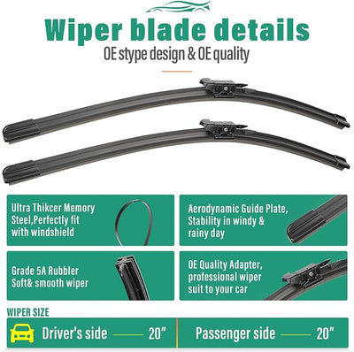 20" 20" 12" Windshield Wiper Blades Replacement for Ford Escape 2008 2009 2010 2011 2012 Premium All Weather Front Rear Wipers Set - OEM Quality (Pack of 3)