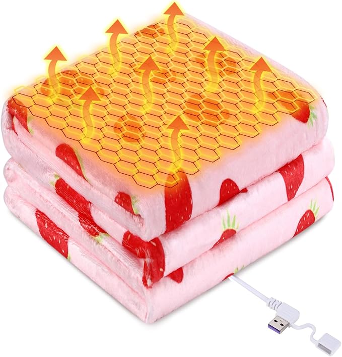 USB Powered Heated Throw Blanket for Women,50"X60" 9V 18W Portable Strawberry Print Electric Heating Blanket with 3 Heat Setting,8-Zone Graphene Heating Blankets for Couch Car Office Outdoor