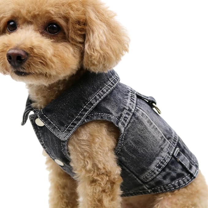 Dog Jeans Jacket for Small Dogs Boy, Puppy Denim Jacket with Leash D-Ring, Pet Cat Vest Clothes T-Shirts for Small Dogs, Puppy, Pugs, Chihuahuas, Yorkie,Teacup (Black, XX-Large)