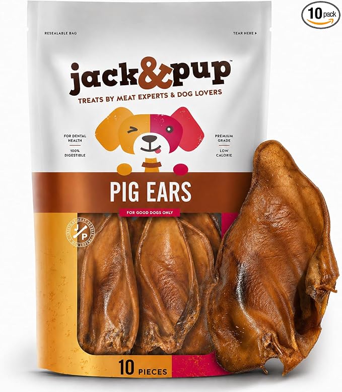Jack&Pup Pig Ears for Dogs (10 Pack) - All Natural Single Ingredient Extra Thick Large Whole Pigs Ears - Premium Dog Pig Ear Treats - Natural Dog Pork Chews; Excellent Rawhide Alternative
