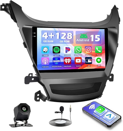 Hikity 4+128G Android 15 Car Stereo for Hyundai Elantra 2014-2016, 9” Touchscreen Radio with CarPlay, Android Auto, Bluetooth, GPS Navigation, WiFi, DSP, FM, RDS + AHD Backup Camera