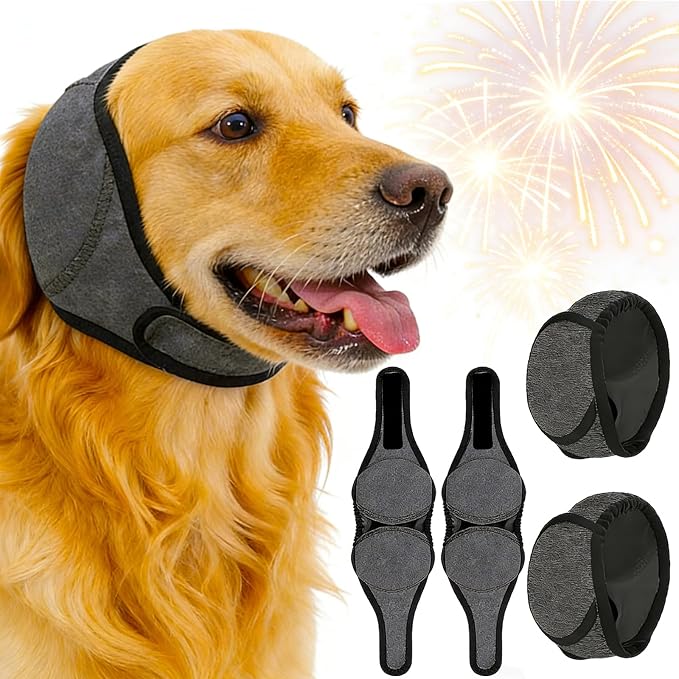 2 Pack Dog Ear Muffs Noise Protection Firework Thunder, Elastic Dog Ear Wrap with Sound-Blocking Rubber Pads Noise Cancelling Anxiety Relief, Calming Hood Dog Ear Cover Grooming Bathing & Swimming, M