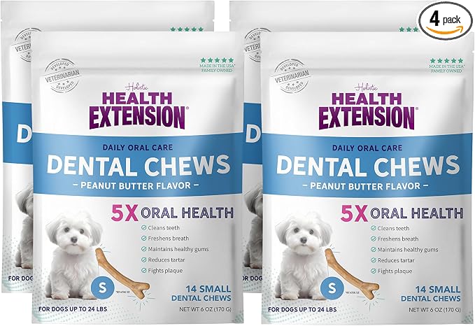 Health Extension Peanut Butter Dental Bones for Dogs, 14 Small Bones, Healthy Gums, Freshens Breath, Cleans Teeth, Training or Reward 6 oz Bag (Pack of 4)