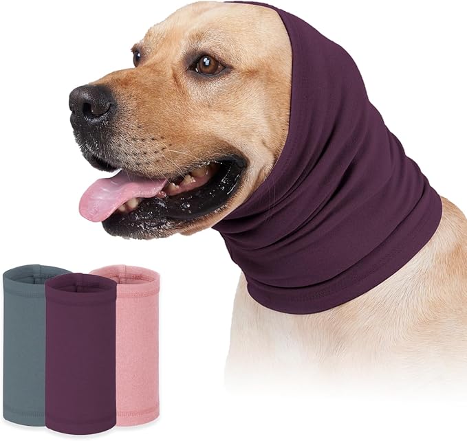 Dog Calming Hoodie Head Wrap,No Shake Anxiety Relief Quiet Thunder Vest for Dogs,Ear Protection Head Muffs for Grooming,Pet Covers for Fireworks,Vet Visits,Bathing,Purple,L