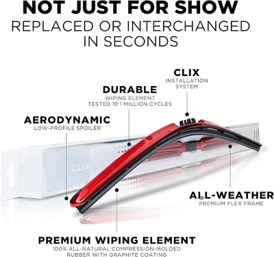 Clix Wipers - 14" Red Chrome Automotive Replacement Wiper Blade (Pack of 1) Universal Clip On All-Weather Flex Frame Windshield Wiper