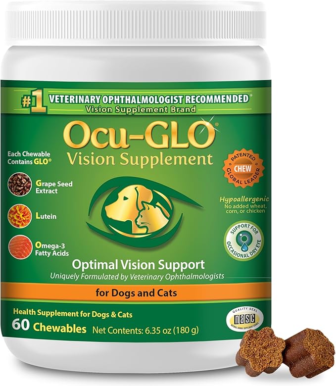 Ocu-GLO Cat & Dog Supplement for Eye Support - Chewable Vision Vitamins Supplements for Large and Small Pets Care with Lutein, Omega-3 Fatty Acids, Grape Seed Extract & Antioxidants