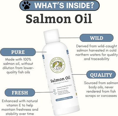 Wholistic Pet Organics Wild Alaskan Salmon Oil for Dogs and Cats - Omega 3 Fish Oil for Dogs & Cats - Cat & Dog Skin and Coat Supplement for Heart, Joints - DHA, EPA Omega 3 Liquid Food Topper - 8 oz