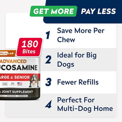 STRELLALAB Advanced Glucosamine Hip & Joint Supplement for Senior Dogs - Green Lipped Mussel & Collagen - Hip & Joint Pain Relief - Large & Small Breed - Joint Health - 180 Chews