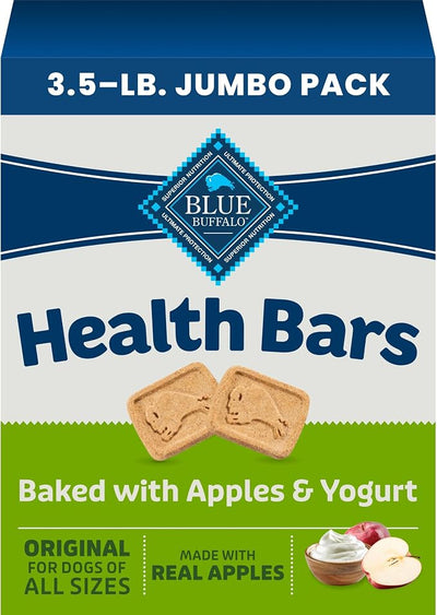Blue Buffalo Health Bars Apples & Yogurt Crunchy Dog Biscuits, Oven-Baked with Real Apples & Natural Ingredients, Healthy Dog Treats with No Artificial Flavors or Preservatives, Jumbo Box 3.5 lbs.