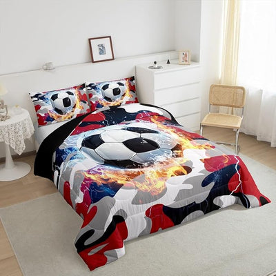 Erosebridal Boys Football Comforter Set Queen Size, Red Black Camo Bedding Set for Kids Teens Adult, Soccer Sports Game Quilted Duvet Militarily Camouflage Bedding Comforters with 2 Pillow Cases