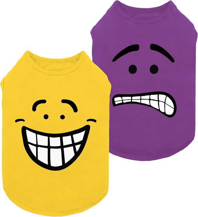 Fitwarm 2 Pack Happy Scary Expression Dog Shirt, Funny Clothes for Small Dogs Boy Girl, Pet Outfit, Yellow, Purple, Large