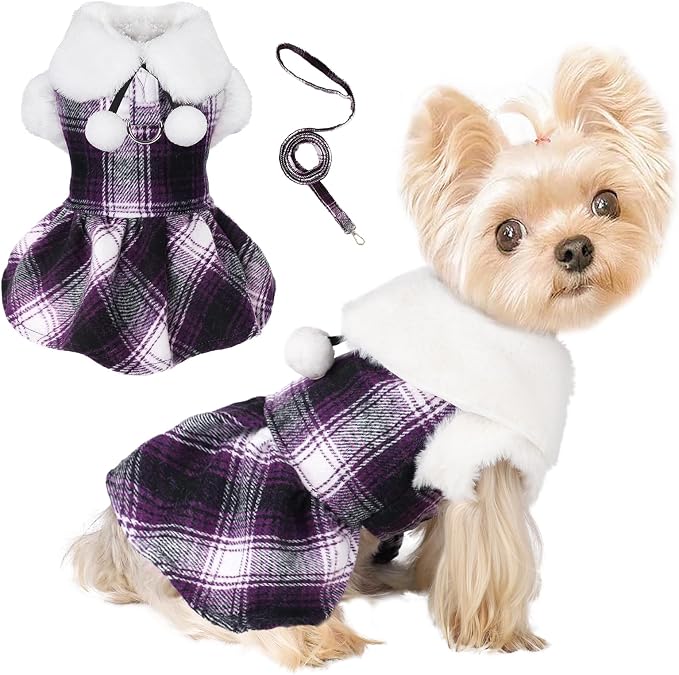 Dog Sweater with Leash Set Plaid Fleece Dog Clothes for Small Dogs Girl Boy Winter Pet Dress Cold Weather Coat Fall Sweater for Chihuahua Yorkie Cat Puppy Costumes (Purple, X-Small)