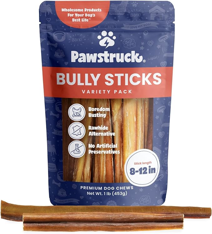 Natural 8–12" Bully Sticks for Dogs – Long-Lasting, Rawhide-Free, Low-Odor, Grain-Free Dental Chew Treat – Single Ingredient, 100% Real Beef – 1 lb Bag – Packaging May Vary
