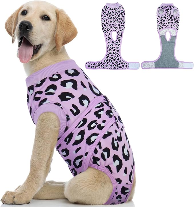 Kuoser Dog Recovery Suit for Dogs After Surgery,Professional Surgical Onesie for Female Male Dogs Spay Neuter,Soft Dog Surgery Suit Bodysuit for Abdominal Wounds Skin Disease,Purple Leopard L