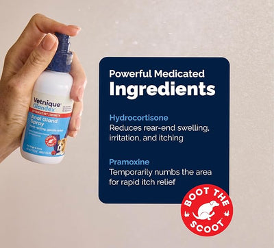 Vetnique Glandex Medicated Anal Gland Anti Itch Spray for Dogs & Cats Skin Relief to Soothe Scooting, Itching & Inflamed Glands, Hydrocortisone Spray & Pramoxine, Boot The Scoot (4oz Spray)