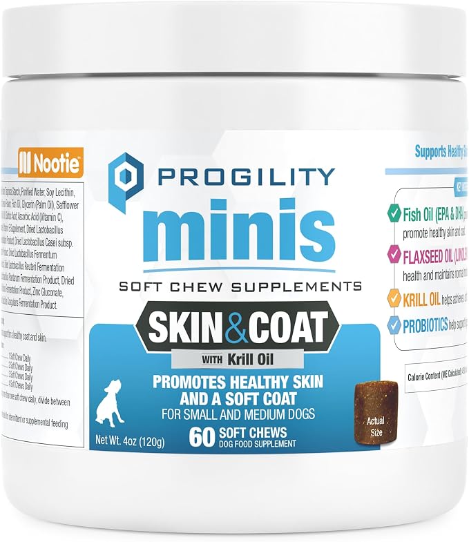 Progility Mini Skin & Coat Supplement for Small Dogs, Fish Oil Supports Healthy Skin & Coat, 60 Soft Chews per Container