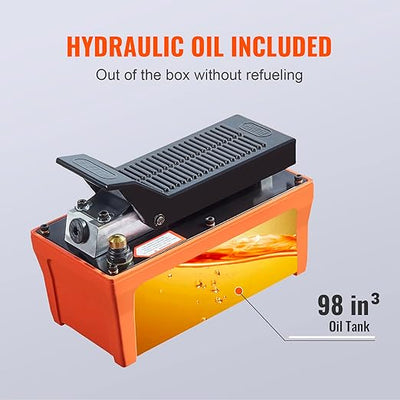VEVOR Air Hydraulic Pump, 10,000 PSI 1/2 Gal Reservoir, NPT 3/8" Oil Outlet, NPT 1/4" Inlet, 6.6 ft Pipe, Foot Actuated Hydraulic Pump Air Treadle for Auto Body Frame Machines and Pulling Post, Orange