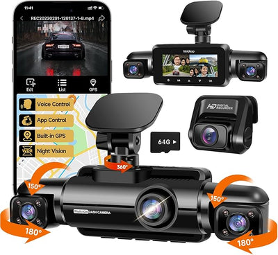 Neideso 360° Dash Cam Front and Rear Inside, 4 Channel FHD 4 * 1080P, Wi-Fi GPS Voice Control Car Camera, Front 2K+1080P*2 Dash Camera for Cars, with 64GB SD Card, Night Vision, 24H Parking Mode(N300)