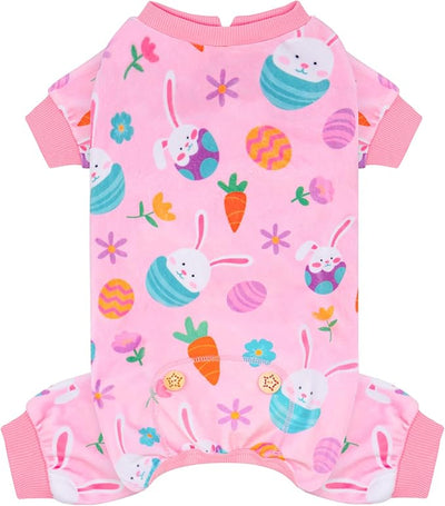KYEESE Easter Dog Pajamas, Soft Dog Pajamas for Small Dogs Girl, Stretchy Dogs Pjs Velvet Puppy Jumpsuit with Eggs & Bunny Pattern, Comfy Lightweight Pet Outfit, Pink, S