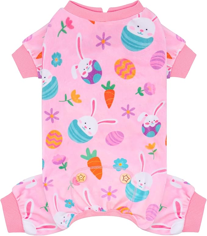 KYEESE Easter Dog Pajamas, Soft Dog Pajamas for Small Dogs Girl, Stretchy Dogs Pjs Velvet Pet Jumpsuit with Eggs & Bunny Pattern, Comfy Lightweight Pet Outfit, Pink, M