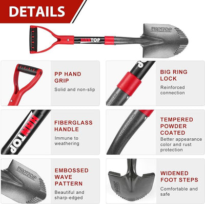 Small Round Garden Shovel 28 inches for Digging and Gardening | Small & Sturdy,Sharp Sawtooth Blade,Short Handled, Round Shovel, For Digging, Survival Shovel for Car