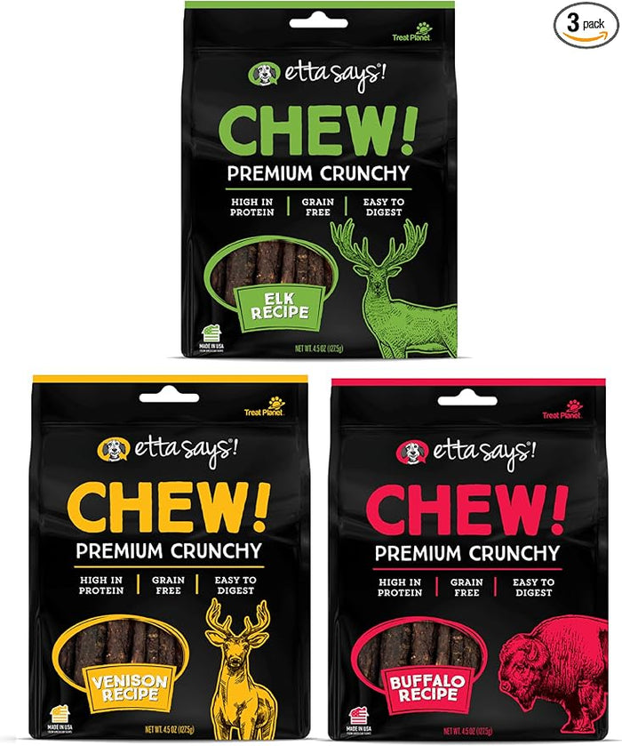 Premium Crunchy Dog Chews Variety Pack – All Natural Dog Treats Made in USA – Elk, Venison & Buffalo – Protein-Rich Chews for Teeth, Digestive Support & Training – 3 Pack