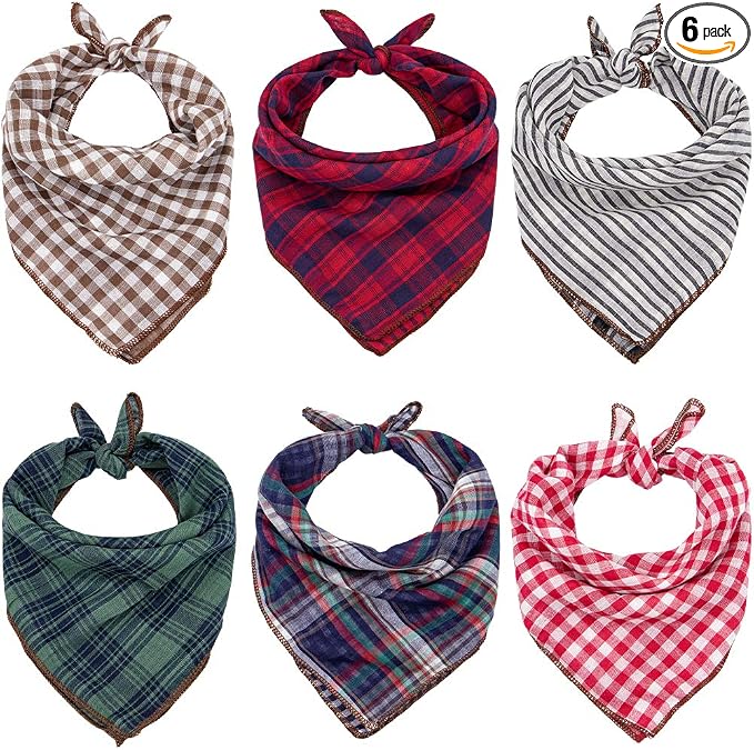 Christmas Dog Bandanas, 6PCS Plaid Holiday Dog Bandanas for Boy Girl, Washable Reversible Cotton Bibs Scarf, Adjustable Square Pet Kerchief Birthday Christmas Gift for Small to Large Dogs Puppy Cats